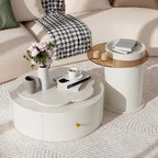 Mesa de centro redonda moderna de 2 piezas, tablero giratorio 360 grados en forma de flor con 2 cajones, mesa auxiliar de círculo superior con vidrio