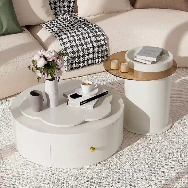 Mesa de centro redonda moderna de 2 piezas, tablero giratorio 360 grados en forma de flor con 2 cajones, mesa auxiliar de círculo superior con vidrio