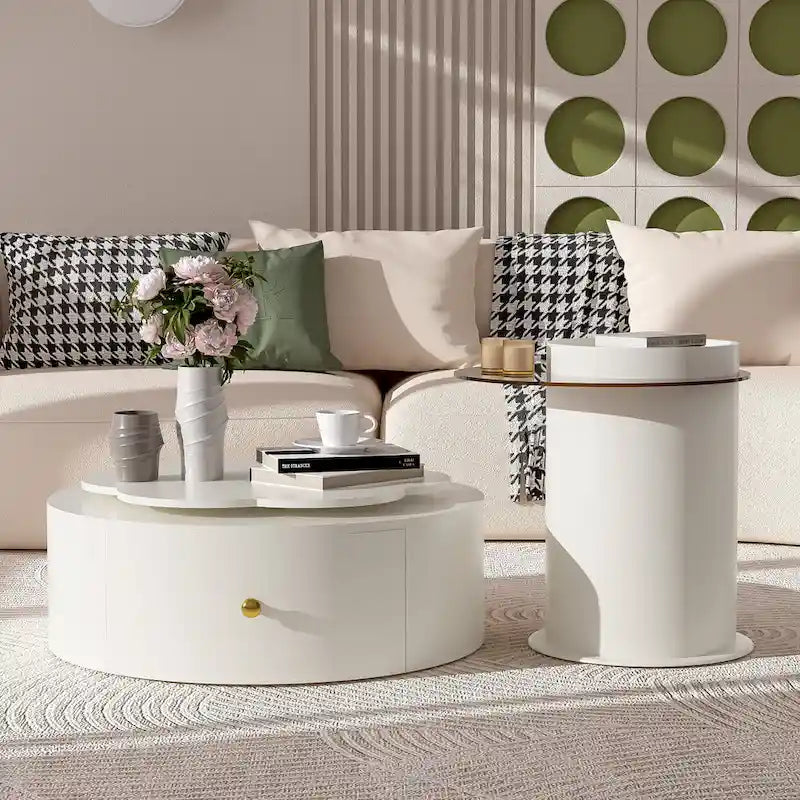 Mesa de centro redonda moderna de 2 piezas, tablero giratorio 360 grados en forma de flor con 2 cajones, mesa auxiliar de círculo superior con vidrio