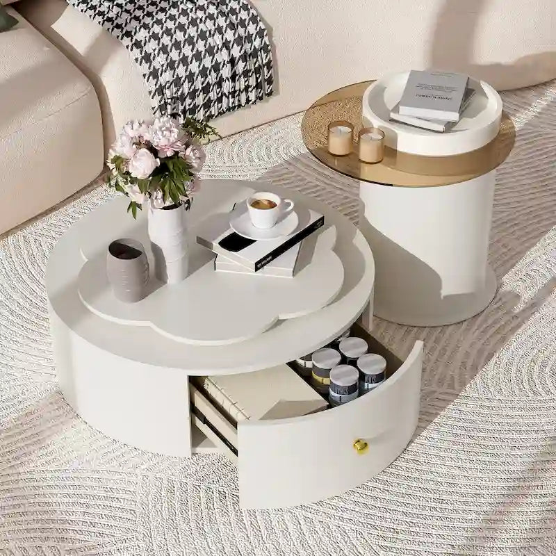 Mesa de centro redonda moderna de 2 piezas, tablero giratorio 360 grados en forma de flor con 2 cajones, mesa auxiliar de círculo superior con vidrio