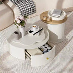 Mesa de centro redonda moderna de 2 piezas, tablero giratorio 360 grados en forma de flor con 2 cajones, mesa auxiliar de círculo superior con vidrio