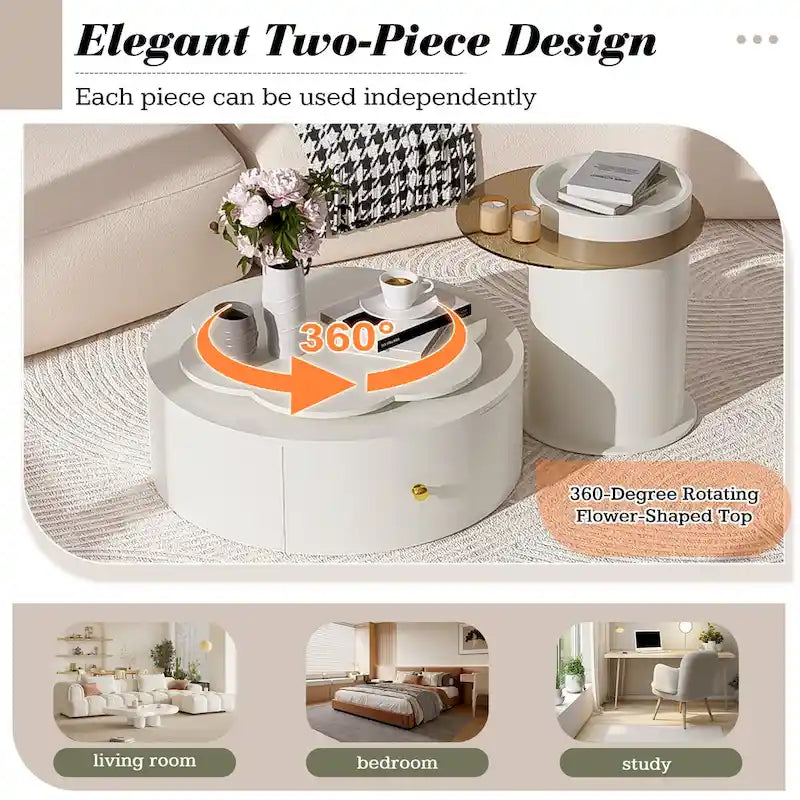 Mesa de centro redonda moderna de 2 piezas, tablero giratorio 360 grados en forma de flor con 2 cajones, mesa auxiliar de círculo superior con vidrio
