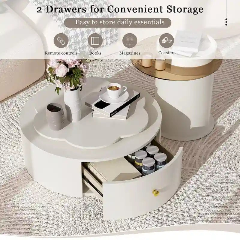 Mesa de centro redonda moderna de 2 piezas, tablero giratorio 360 grados en forma de flor con 2 cajones, mesa auxiliar de círculo superior con vidrio
