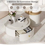 Mesa de centro redonda moderna de 2 piezas, tablero giratorio 360 grados en forma de flor con 2 cajones, mesa auxiliar de círculo superior con vidrio