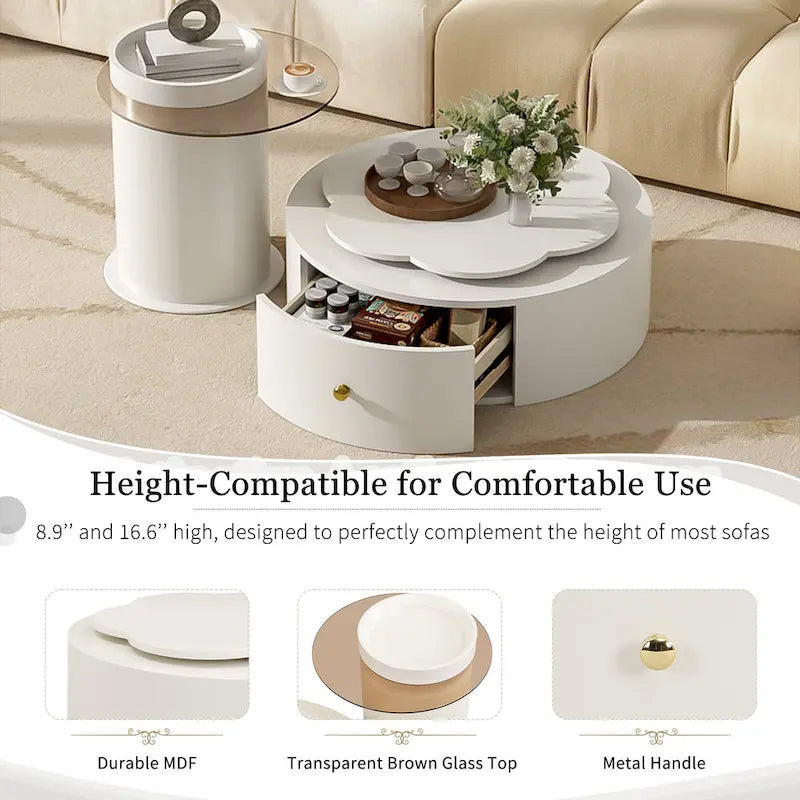 Mesa de centro redonda moderna de 2 piezas, tablero giratorio 360 grados en forma de flor con 2 cajones, mesa auxiliar de círculo superior con vidrio
