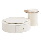Mesa de centro redonda moderna de 2 piezas, tablero giratorio 360 grados en forma de flor con 2 cajones, mesa auxiliar de círculo superior con vidrio