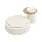 Mesa de centro redonda moderna de 2 piezas, tablero giratorio 360 grados en forma de flor con 2 cajones, mesa auxiliar de círculo superior con vidrio
