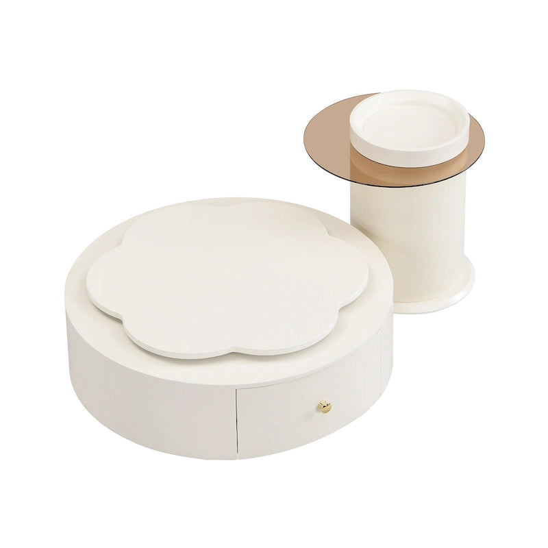 Mesa de centro redonda moderna de 2 piezas, tablero giratorio 360 grados en forma de flor con 2 cajones, mesa auxiliar de círculo superior con vidrio