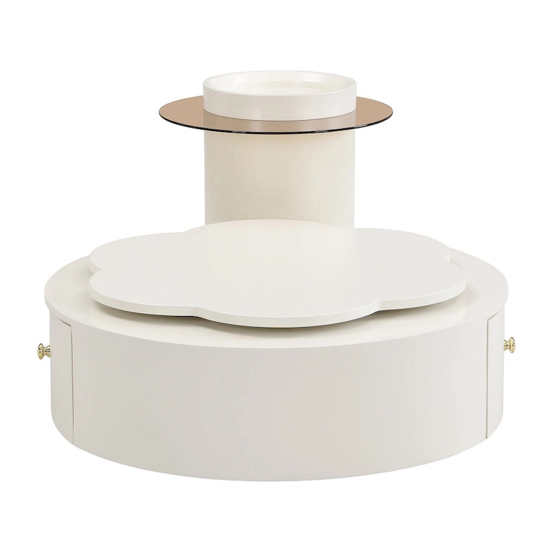 Mesa de centro redonda moderna de 2 piezas, tablero giratorio 360 grados en forma de flor con 2 cajones, mesa auxiliar de círculo superior con vidrio