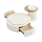 Mesa de centro redonda moderna de 2 piezas, tablero giratorio 360 grados en forma de flor con 2 cajones, mesa auxiliar de círculo superior con vidrio