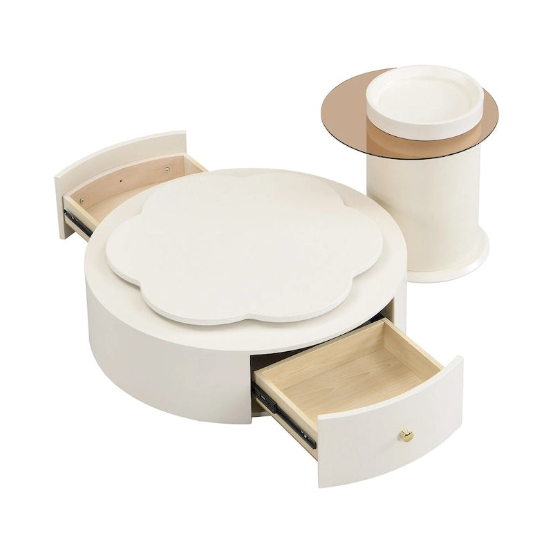 Mesa de centro redonda moderna de 2 piezas, tablero giratorio 360 grados en forma de flor con 2 cajones, mesa auxiliar de círculo superior con vidrio