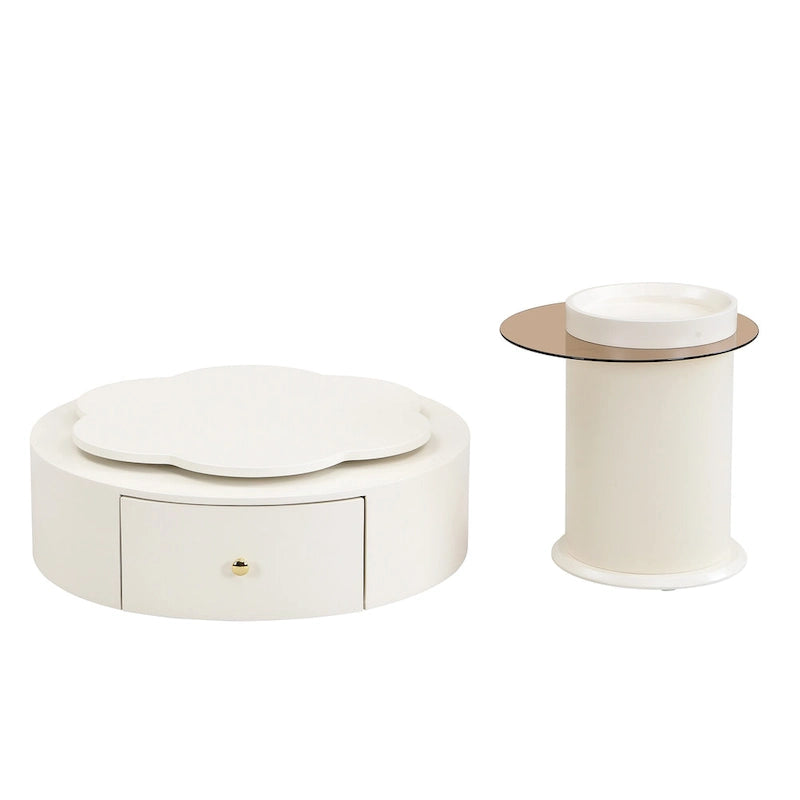 Mesa de centro redonda moderna de 2 piezas, tablero giratorio 360 grados en forma de flor con 2 cajones, mesa auxiliar de círculo superior con vidrio