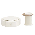 Mesa de centro redonda moderna de 2 piezas, tablero giratorio 360 grados en forma de flor con 2 cajones, mesa auxiliar de círculo superior con vidrio