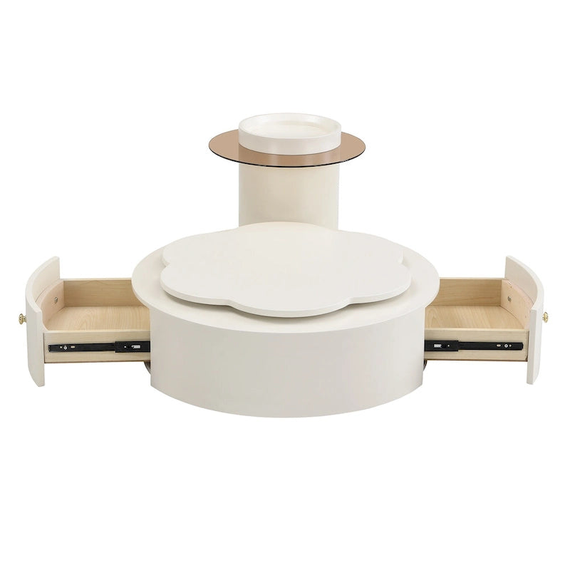 Mesa de centro redonda moderna de 2 piezas, tablero giratorio 360 grados en forma de flor con 2 cajones, mesa auxiliar de círculo superior con vidrio