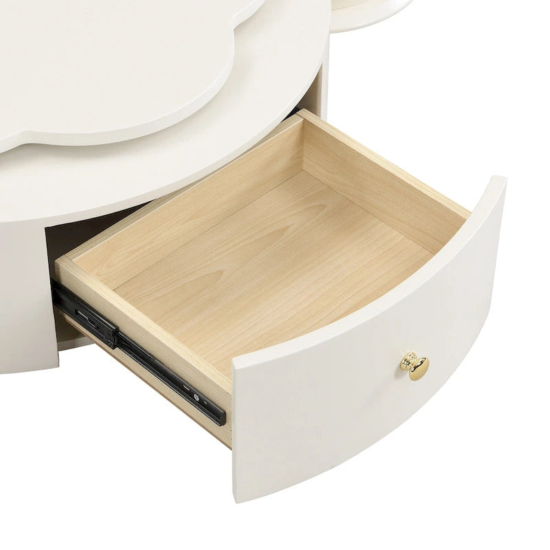 Mesa de centro redonda moderna de 2 piezas, tablero giratorio 360 grados en forma de flor con 2 cajones, mesa auxiliar de círculo superior con vidrio