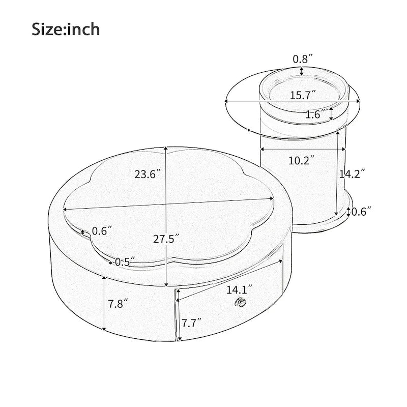 Mesa de centro redonda moderna de 2 piezas, tablero giratorio 360 grados en forma de flor con 2 cajones, mesa auxiliar de círculo superior con vidrio