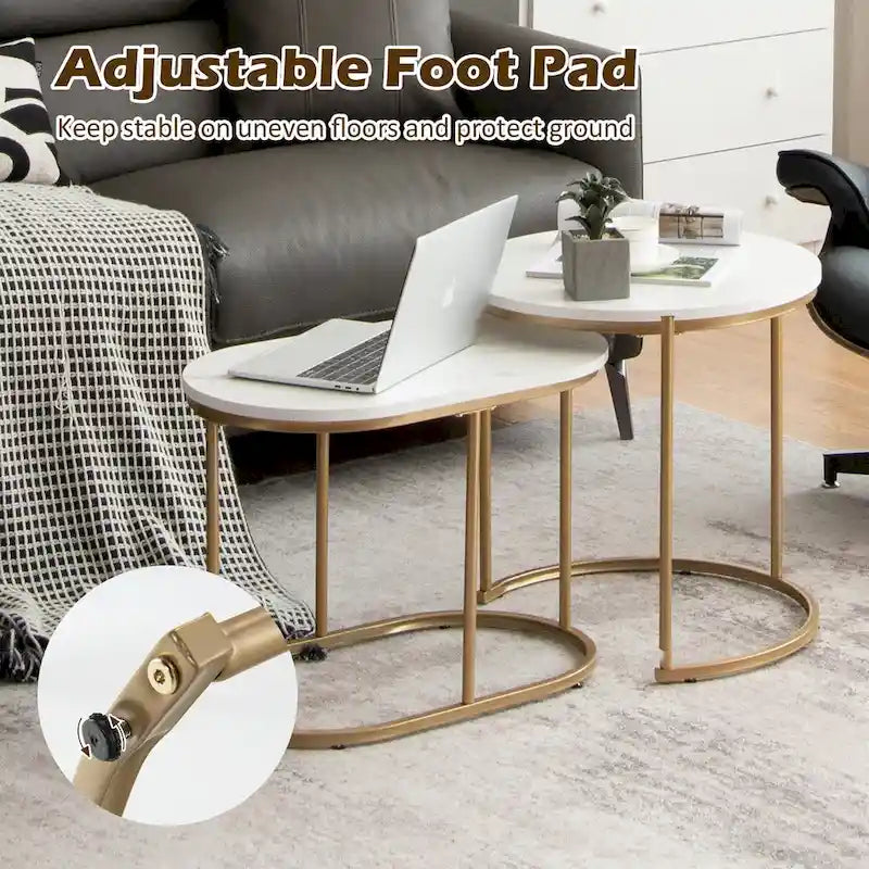 Mesa de centro nido moderna, 2 piezas, mesa auxiliar de café de mármol