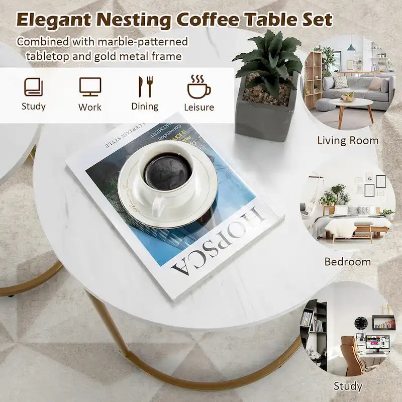 Mesa de centro nido moderna, 2 piezas, mesa auxiliar de café de mármol