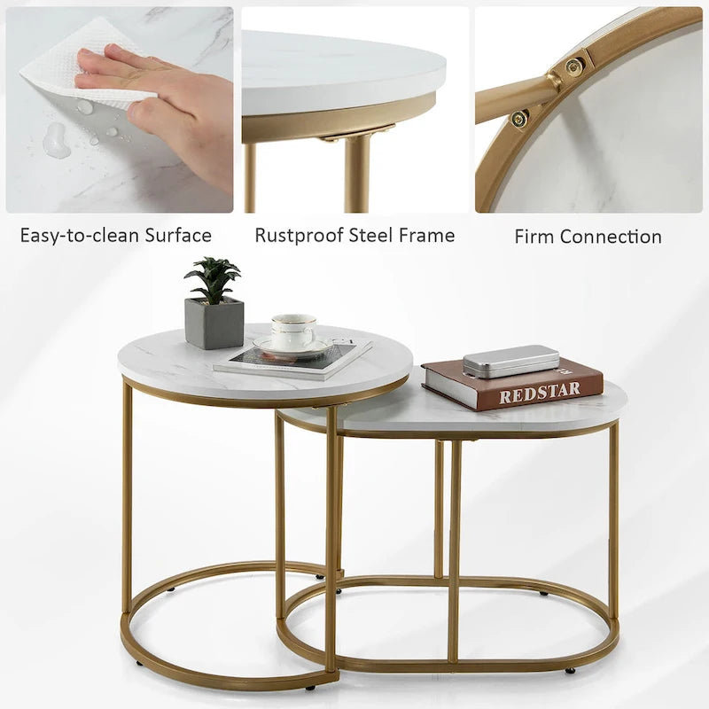 Mesa de centro nido moderna, 2 piezas, mesa auxiliar de café de mármol