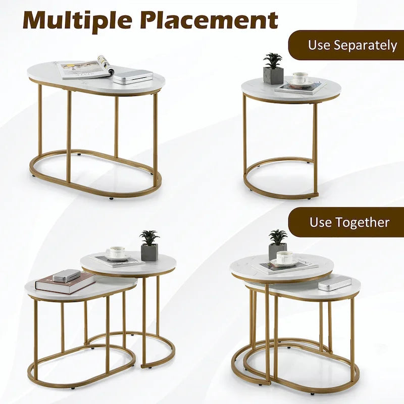 Mesa de centro nido moderna, 2 piezas, mesa auxiliar de café de mármol
