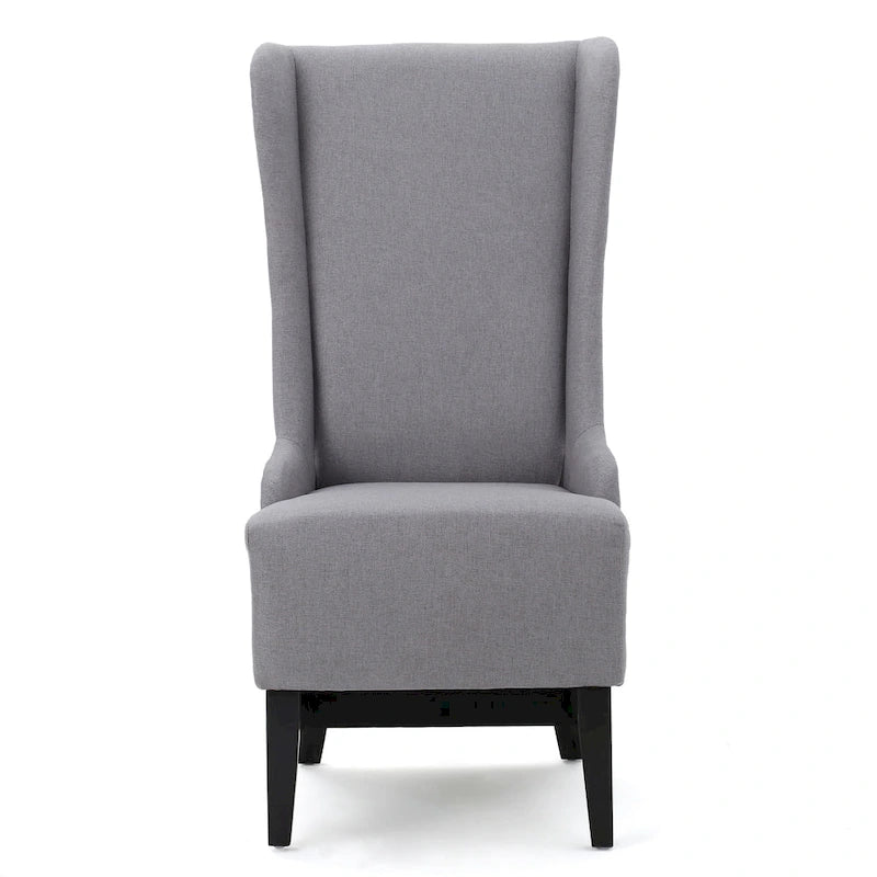 Silla de Comedor Becca, respaldo alto con alas, madera de abedul marrón, tela gris claro