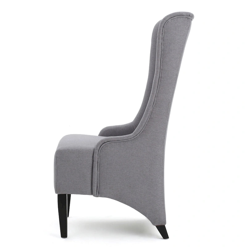 Silla de Comedor Becca, respaldo alto con alas, madera de abedul marrón, tela gris claro