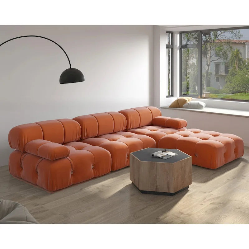 Sofá seccional de terciopelo, modular reversible, naranja
