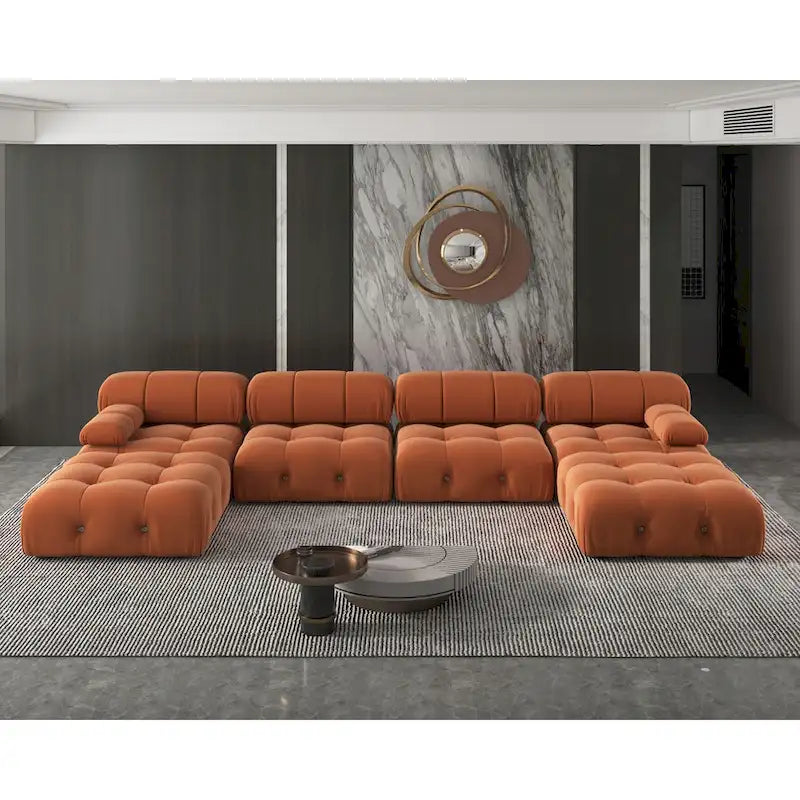 Sofá seccional de terciopelo, modular reversible, naranja