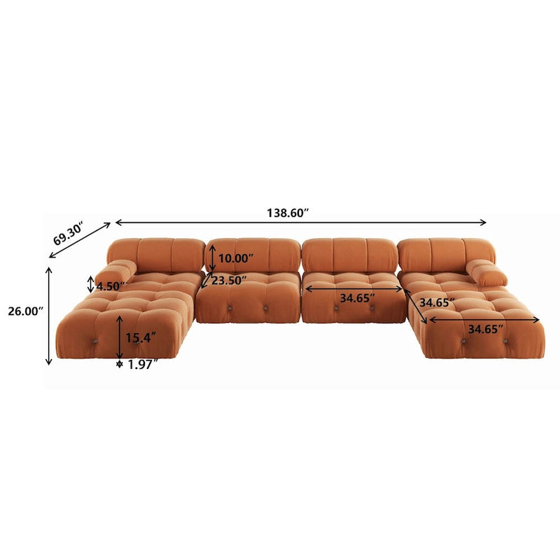 Sofá seccional de terciopelo, modular reversible, naranja