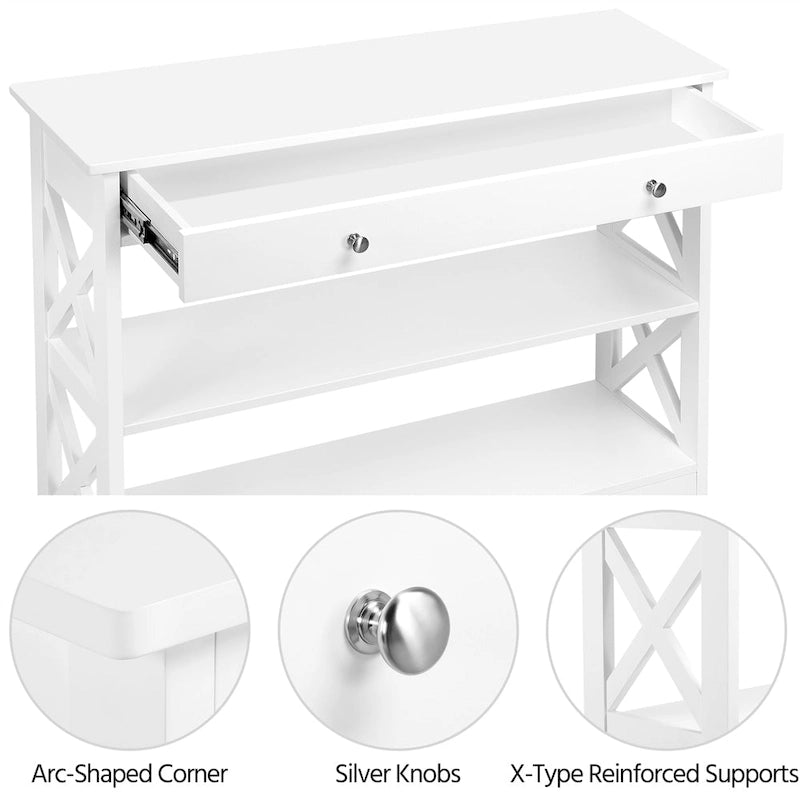 Mesa consola con diseño en X, 1 cajón y 2 estantes abiertos