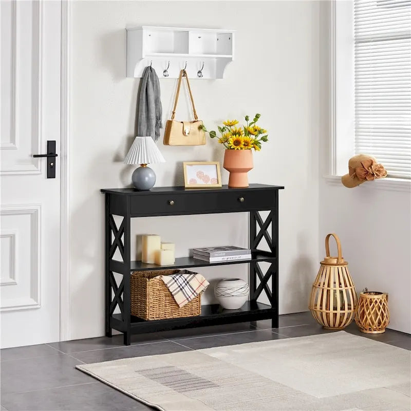 Mesa consola con diseño en X, 1 cajón y 2 estantes abiertos