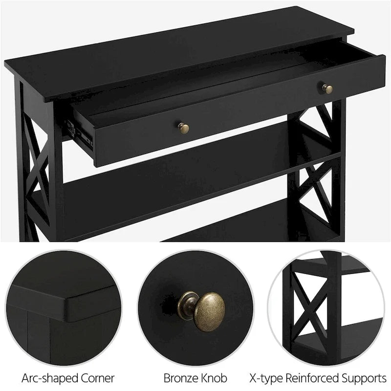 Mesa consola con diseño en X, 1 cajón y 2 estantes abiertos