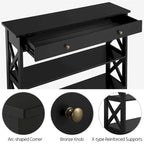 Mesa consola con diseño en X, 1 cajón y 2 estantes abiertos