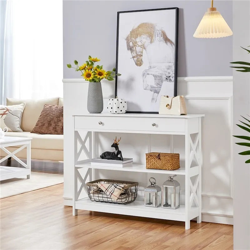 Mesa consola con diseño en X, 1 cajón y 2 estantes abiertos