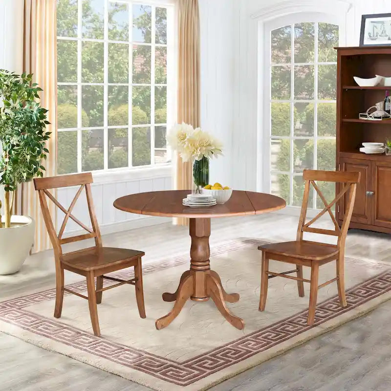 Mesa de 42 pulgadas de madera maciza con doble ala abatible y 2 sillas con respaldo en X - 3 piezas
