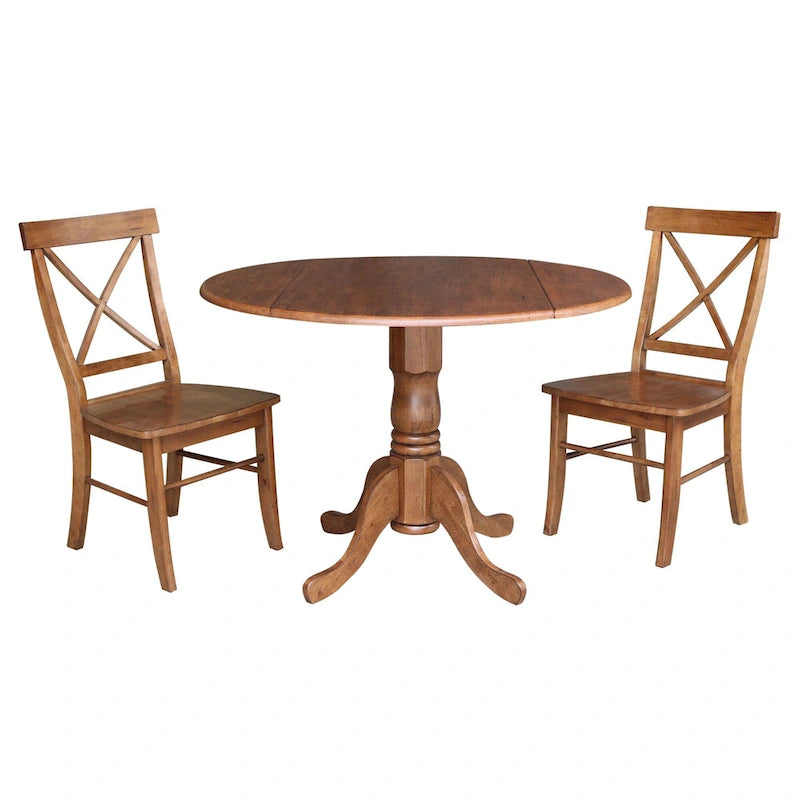 Mesa de 42 pulgadas de madera maciza con doble ala abatible y 2 sillas con respaldo en X - 3 piezas