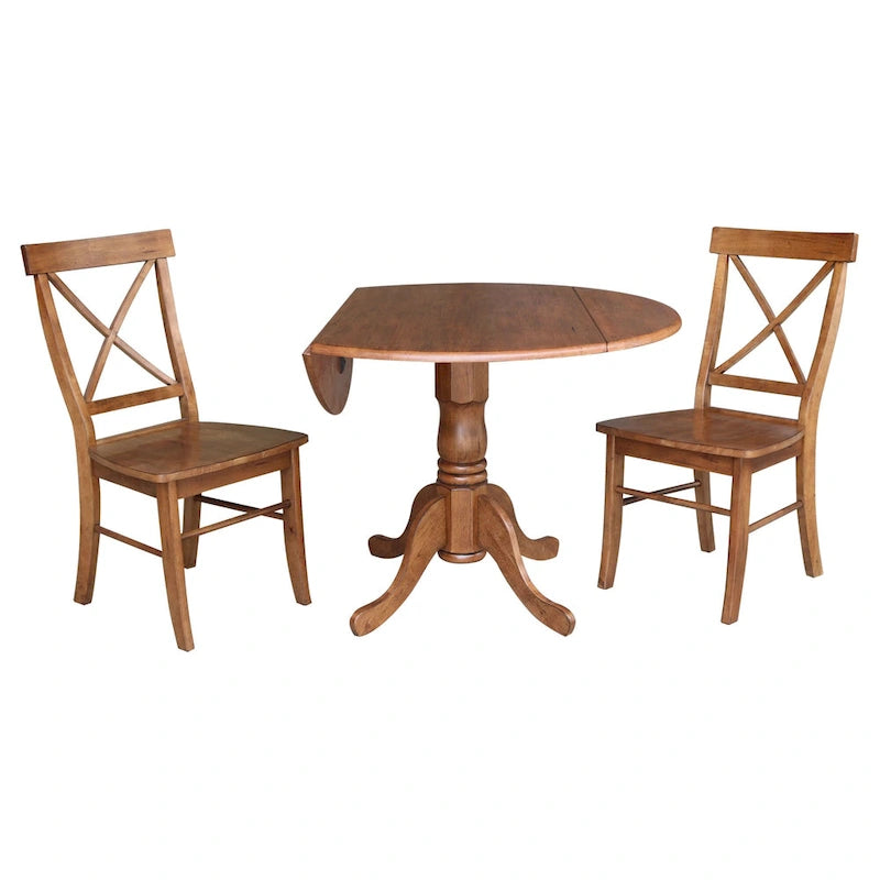 Mesa de 42 pulgadas de madera maciza con doble ala abatible y 2 sillas con respaldo en X - 3 piezas