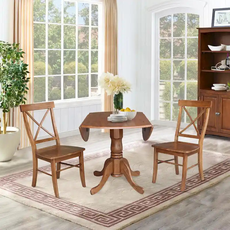 Mesa de 42 pulgadas de madera maciza con doble ala abatible y 2 sillas con respaldo en X - 3 piezas