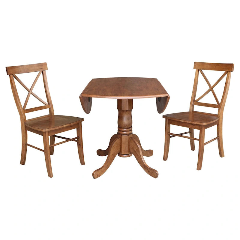Mesa de 42 pulgadas de madera maciza con doble ala abatible y 2 sillas con respaldo en X - 3 piezas