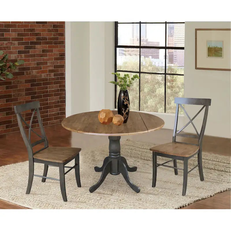 Mesa de 42 pulgadas de madera maciza con doble ala abatible y 2 sillas con respaldo en X - 3 piezas