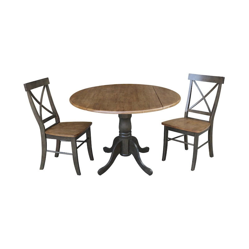 Mesa de 42 pulgadas de madera maciza con doble ala abatible y 2 sillas con respaldo en X - 3 piezas