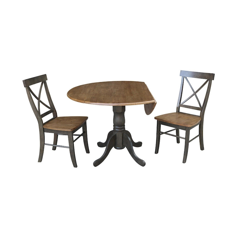 Mesa de 42 pulgadas de madera maciza con doble ala abatible y 2 sillas con respaldo en X - 3 piezas