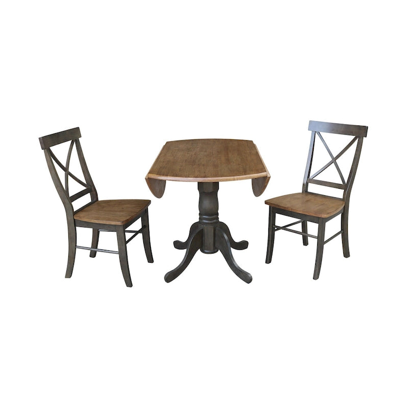 Mesa de 42 pulgadas de madera maciza con doble ala abatible y 2 sillas con respaldo en X - 3 piezas