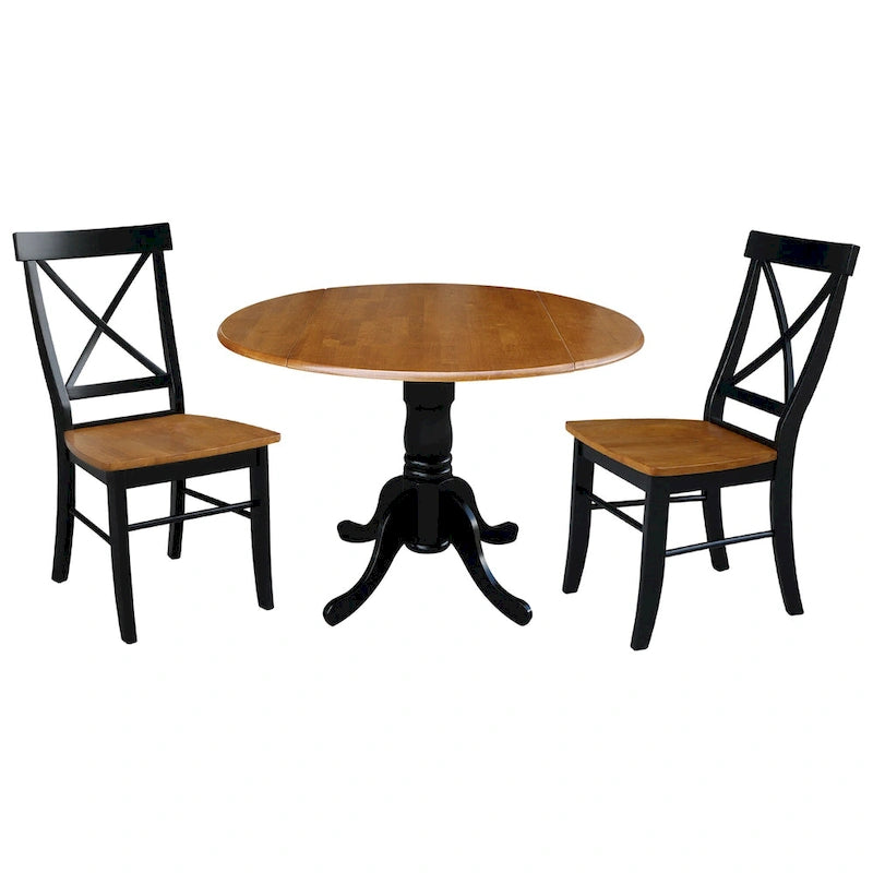 Mesa de 42 pulgadas de madera maciza con doble ala abatible y 2 sillas con respaldo en X - 3 piezas