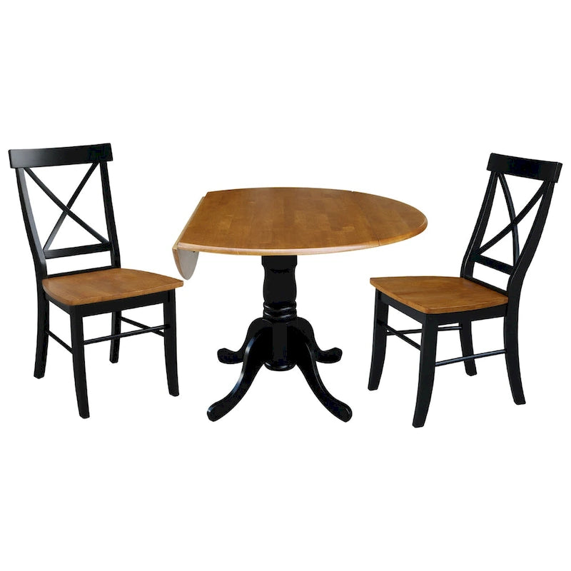 Mesa de 42 pulgadas de madera maciza con doble ala abatible y 2 sillas con respaldo en X - 3 piezas