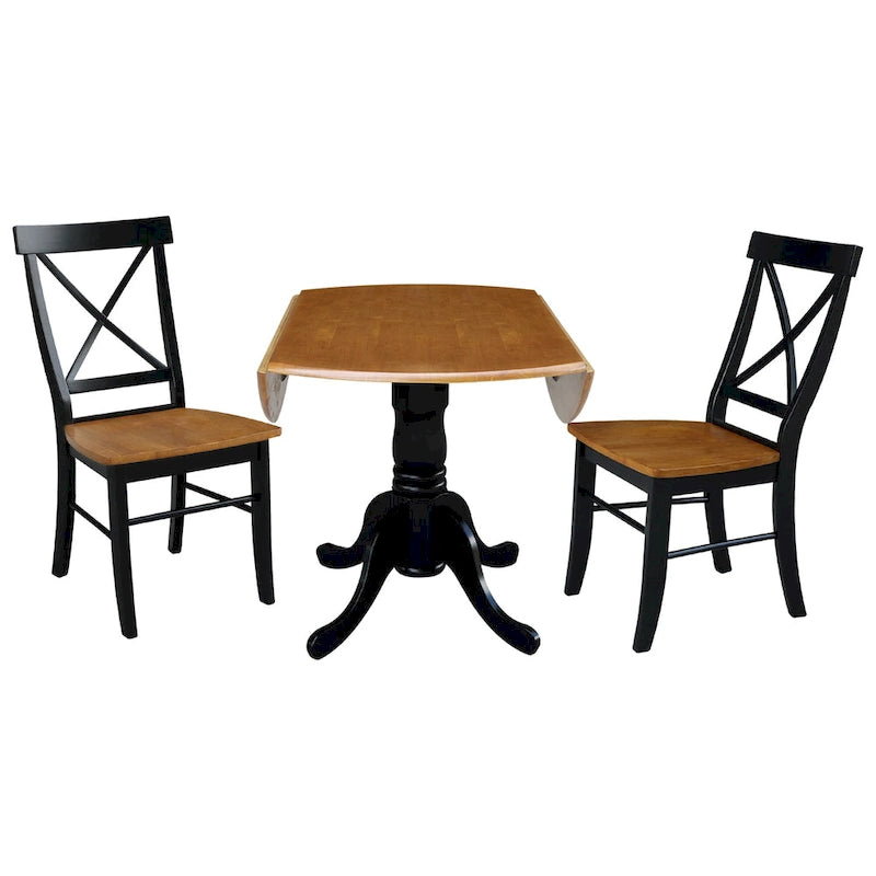 Mesa de 42 pulgadas de madera maciza con doble ala abatible y 2 sillas con respaldo en X - 3 piezas