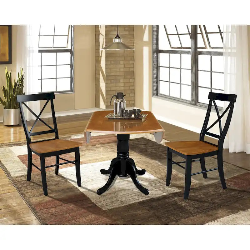Mesa de 42 pulgadas de madera maciza con doble ala abatible y 2 sillas con respaldo en X - 3 piezas