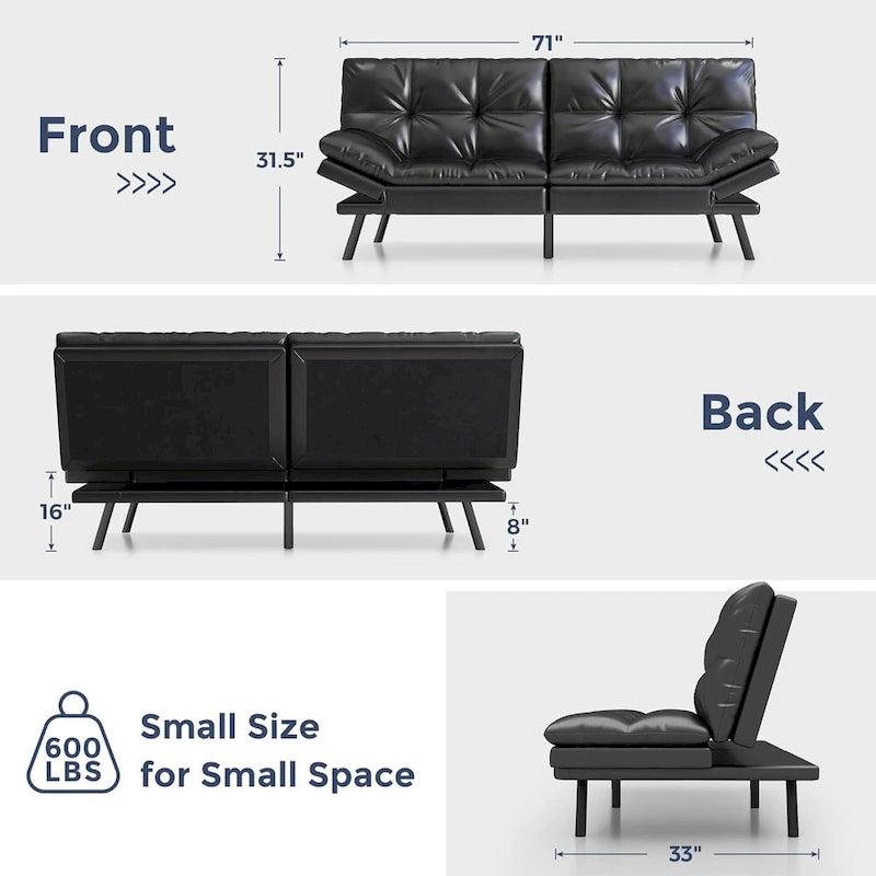 Sofá cama futón, sofá convertible plegable de espuma viscoelástica, diván reclinable con apoyabrazos ajustables para espacios pequeños