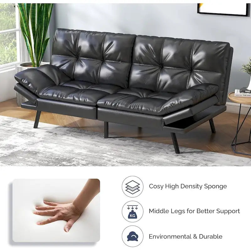 Sofá cama futón, sofá convertible plegable de espuma viscoelástica, diván reclinable con apoyabrazos ajustables para espacios pequeños