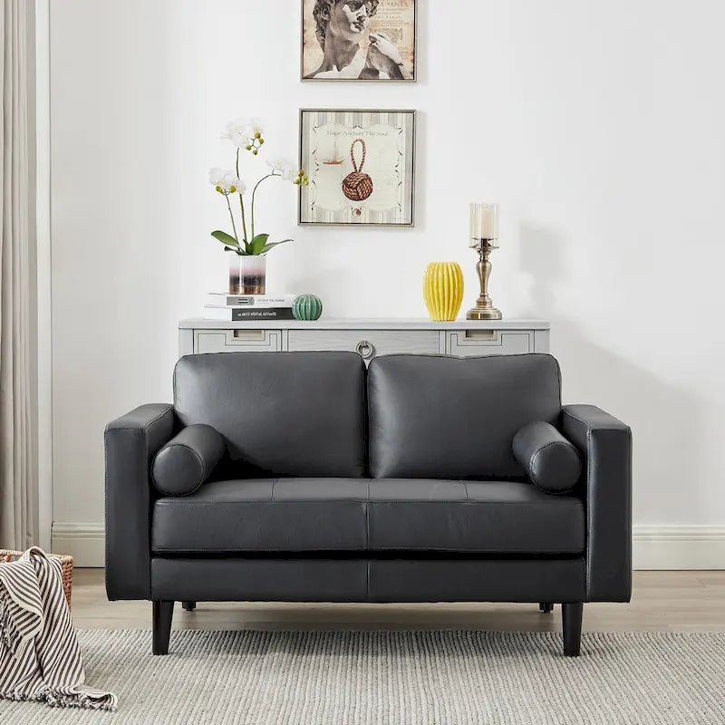 Sofá biplaza de lujo de cuero vacuno con cojines firmes, diseño espacioso de 2 asientos y almohadas tipo bolillo
